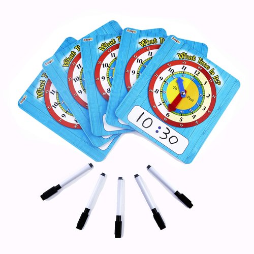 ZazzyKid Time Learning Analog Clock for Kids - Pack of 5 (7 x 8 Inches) with 5 Erasable Markers: Teach Children to Tell The Time