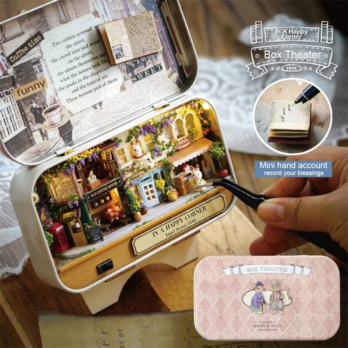 Spilay DIY Miniature Dollhouse Wooden Furniture Kit,Handmade Mini Iron Box Theater Model,1:24 Scale Creative Doll House Toys for Lovers (in A Happy Corner) Q05