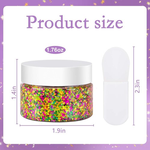 Wehhbtye 2 Set Mardi Gras Face Glitter, 3.5oz Gold Green Purple Body Glitter Gels with 2 Silicone Brush, Festive Chunky Sequins Gel for Women Body Hair Nail Carnival Makeup Party Costumes Decoration
