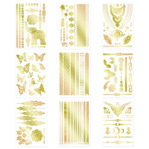 9pcs Gold Temporary Tattoos, 8.3x5.8in Tattoo Stickers Gold Butterfly Star Moon Feather Waterproof Tattoos Stickers for Women Girls Parties Festivals Makeup Cosplay Accessories(Style A)