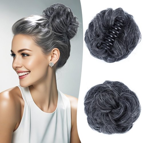 Cesomeey Messy Bun Hair Piece, Wavy Curly Claw Clip Messy Bun Hair Clip, Synthetic Fake Messy Bun Hair Extensions, Soft Claw Clip Ponytail Hairpieces for Women (M1/Gray#, 1 Count (Pack of 1))