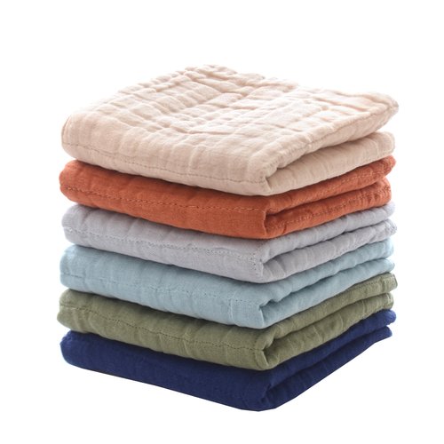 MUKIN Cotton Towel for Baby, Soft Face Cloths, Newborn Absorbent Bath Wipes, Muslin Washcloth Burp Cloths or Towels, Pack of 6, 12x12 inches (Multicolor)