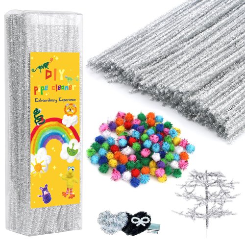 300PCS Pipe Cleaners Chenille Stem, Glitter Silvery Pipe Cleaners Craft Supplies, Fuzzy Sticks Pipe Cleaner Brush with 100PCS Glitter Pom Poms for DIY Art Creative Craft Decorations