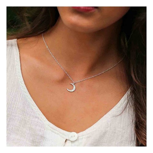 Yheakne Boho Rhinestone Moon Necklace Choker Silver CZ Crescent Pendant Necklace Chain Minimalist Necklace Festival Jewelry for Women (Silver)