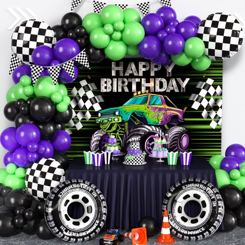 130Pcs Monster Truck Birthday Decorations Truck Theme Balloon Garland Arch Kit with Green Dark Purple Balloon Backdrop Foil Balloons Pennant Baby Shower Race Car Birthday Party Supplies for Boys