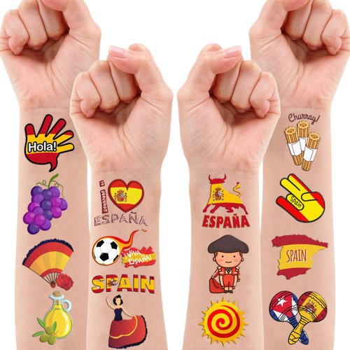100PCS Spanish Spain Español Temporary Tattoos Stickers Themed Birthday Party Favors Decorations Supplies Red Yellow Espana Flag Tattoo Sticker Gifts For Boys Girls School Prizes Carnival Christmas