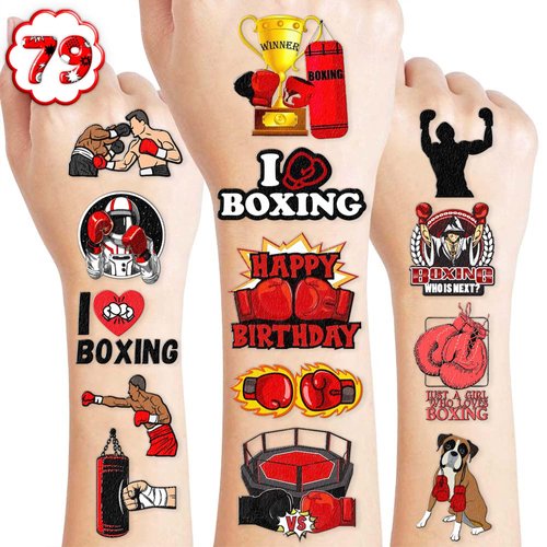 8 Sheets (79PCS) Boxing Gloves Temporary Tattoo Theme Birthday Party Decorations Favors Supplies Decor Stickers for Boys Girls Kids Gifts Classroom School Prizes Rewards