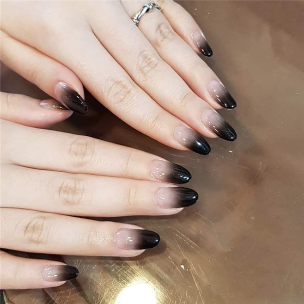 Ibliss Glossy Press on Nails Black Long Full Cover Fake Nails Oval Acrylic False Nails Gradient Nails for Women and Girls 24PCS (Black)