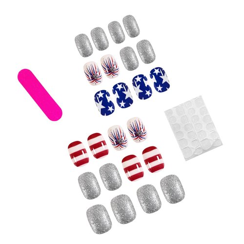 24PCS Short Square Press On Nails, Independence Day Fake Nails, 4th of July Press on False Nails with Star Stripe Design July Fourth Blue White Silver Glitter Full Cover Glue on Nails for Women Girls