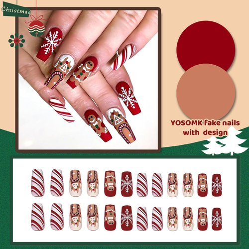 YOSOMK Christmas Press on Nails Medium Square Fake Nails with Snowflake and Gingerbread Man Designs Matte Full Cover False Nails Cute Red Glue on Acrylic Nails for Women and Girls