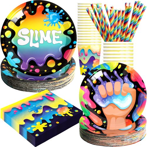 BOIKOKY Slime Birthday Party Decorations, 120Pcs Slime Themed Party Supplies Disposable and Colorful Tableware Includes Plates, Napkins, Cups and Straws | Serves 24