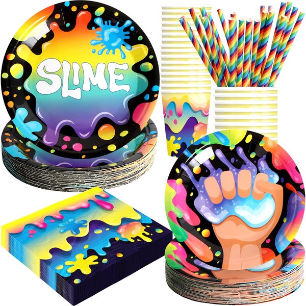 BOIKOKY Slime Birthday Party Decorations, 120Pcs Slime Themed Party Supplies Disposable and Colorful Tableware Includes Plates, Napkins, Cups and Straws | Serves 24