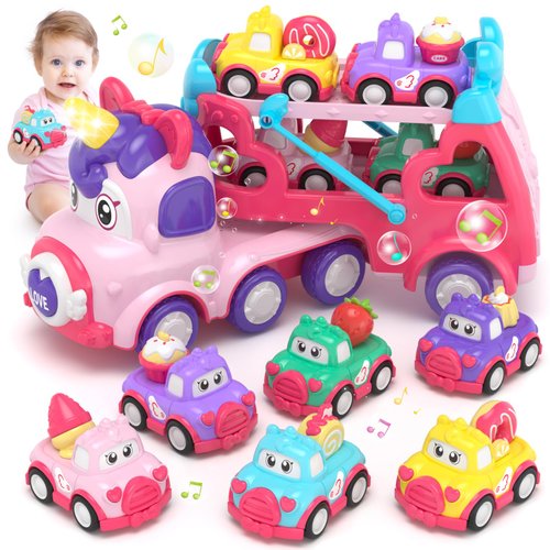 usrela 7 in 1 Unicorn Carrier Truck Toy for 1 2 Year Old Girl Car with Light & Music, Princess Toddler Girl Toys Age 2 3, Girl Car Toys for 1 2 3 Year Old Birthday Gifts Christmas for Baby Girl