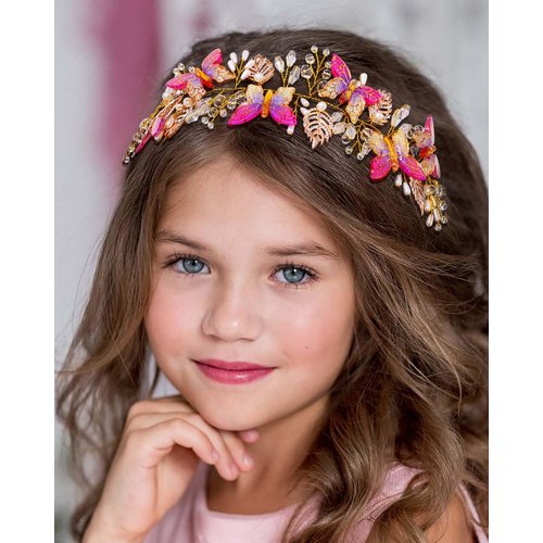 Campsis Flower Girls Headpiece Butterfly Princess Headband Pearl Girls Hair Accessories Little Girls Crystal Hair Band for Women and Girls