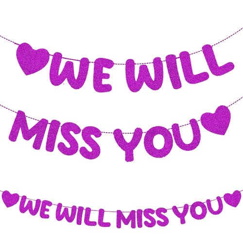 WLPHHM We Will Miss You Banner Glitter Bunting for Graduation Retirement Party Decorations，Graduation Party Going Away Party Office Work Party Farewell Party Decorations Supplies(Purple)