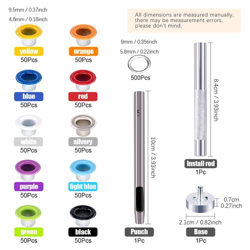 Rustark 500 Sets Grommet Kit 3/16 Inch Grommet Setting Tool Metal Eyelets Set with 4 Pieces Install Tool Kit in Storage Box for Clothes Shoes Bag Paper Leather Crafts DIY Projects (10 Colors)