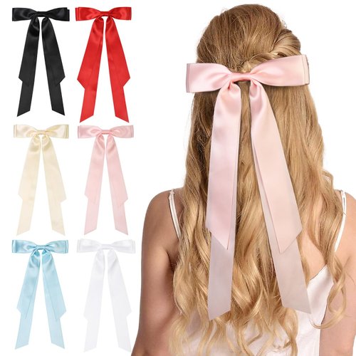 Hair Bows for Girls, 6 PCS Solid Color Bow Hair Clips Double Layer Long Satin Ribbon Hairclips Spring Hair Barrettes Toddler Bows Kids Hair Accessories for All Hair Types