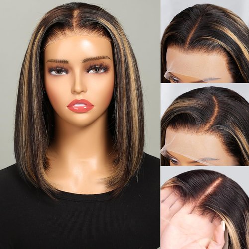 NOFEPR 12A Highlight Ombre 5x5 HD Transparent Lace Frontal Glueless Bob Wig Human Hair, Ombre Brown 4/27 Straight Wigs for Women Honey Blonde Pre Cut Pre Plucked 180% Density 12 Inch