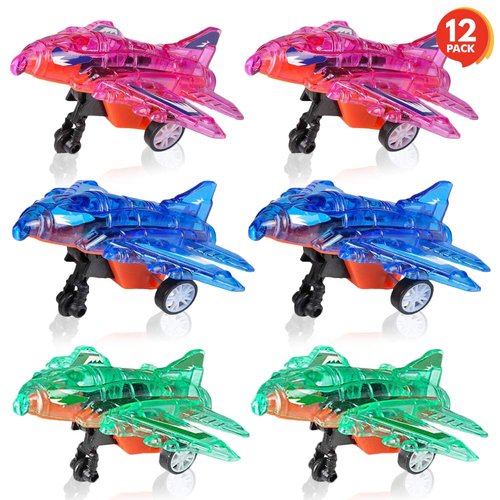ArtCreativity Press and Go Transparent Airplane Toys, Set of 12, Fighter Jet Toys in Assorted Colors, Aviation Party Favors for Kids, Goodie Bag Fillers and Teacher Rewards