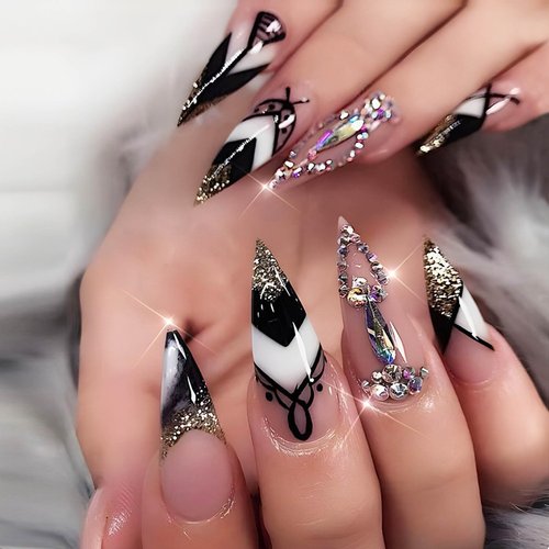 Rchovsam Stiletto Shape Press on Nails Long Almond Tip Fake Nails Gold Tip Stick on Nails Glue on Nails Glitter Diamond Design Press Ons Acrylic Gel Nails Kit Gift for Wemons 24pcs