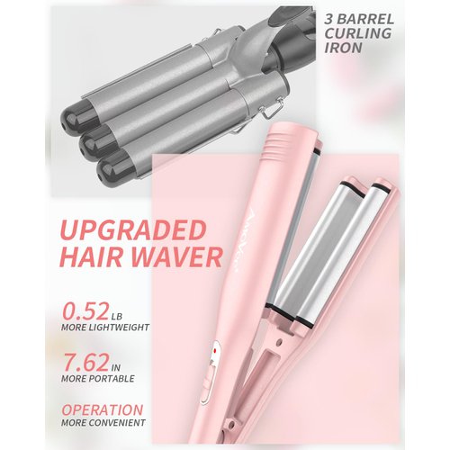 AmoVee Travel Hair Crimper Curling Iron, Professional Mini Hair Waver Three Barrel Curling Iron, Hair Crimper Small Negative Ions, Dual Voltage 100-240V (0.59 Inch)