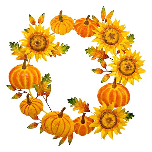 16’’Metal Fall Wreath Wall Decor, Sunflower and Pumpkin Handcrafted Autumn Harvest Door Decoration