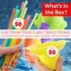 Super Cute Reusable 4oz Flower Cups With Straw 50pk. Colorful Leak Proof Bowls Perfect Snow Cone Supply for Kids Birthday Party or Summer Cookout. Easy Grip Bowl For Shaved Ice, Snacks, Ice Cream.