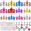 36 Pieces Foam Costume Headwear Princess Tiaras and Crowns Set with DIY Crystal Diamond Stickers, Rings and Earrings for Kids Party Favors