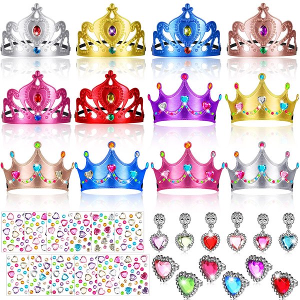 36 Pieces Foam Costume Headwear Princess Tiaras and Crowns Set with DIY Crystal Diamond Stickers, Rings and Earrings for Kids Party Favors