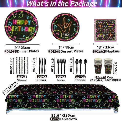 Glow Neon Party Supplies - Neon Balloon, Glow in the Dark Happy Birthday Banner, Hanging Swirls, Cake Topper, Tablecloth, Plates, Napkins, Cup for Blacklight Party Decorations, Serves 20 Guest
