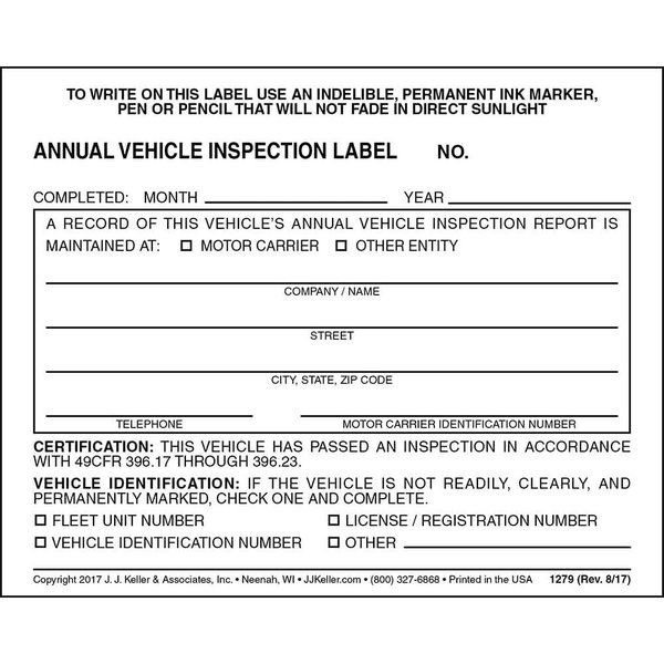 J. J. Keller 50-Pack, Annual Vehicle Inspection Label, 2-Ply Adhesive Vinyl, DOT Compliant