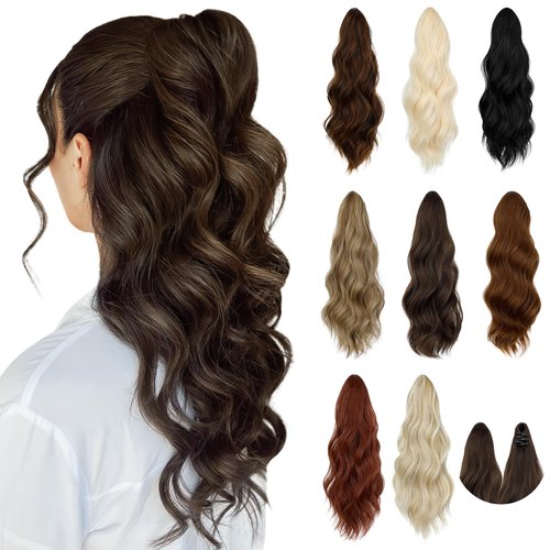 FELENDY 16" Ponytail Extension Small Claw Clip Curly Ponytail Hair Extensions Long Wavy Pony tails Hairpiece Cute Jaw Clips for Women Dark Brown