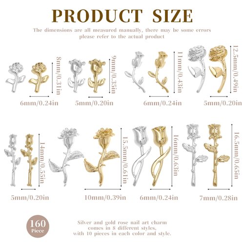160pcs Gold Charms for Nails,3D Vintage Rose Nail Charms Gold and Sliver Romantic Flowers Nails Decorations Metal Alloy Nail Art Gems for Acrylic Nails Decoration DIY Craft Making
