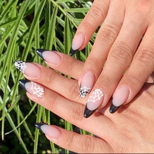 French Tip Press on Nails Almond Fake Nails Full Cover Medium Length Acrylic Nails Halloween Artificial Nails with Spider Web Design Black Tips False Nails Glossy Stick on Nails for Women Girls