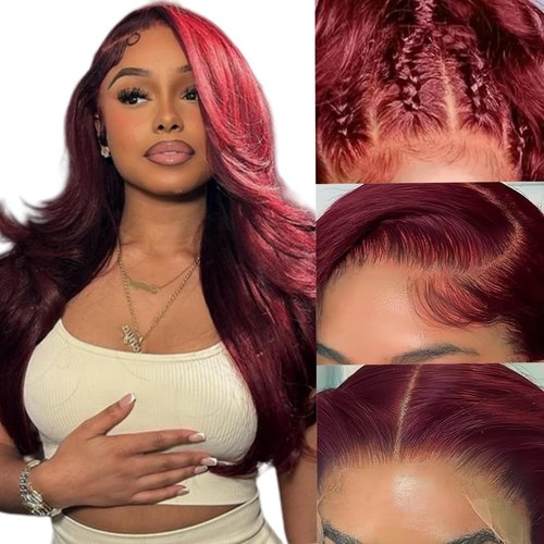 Suresen 99J Burgundy Lace Front Wigs Human Hair 180% Density 13x4 HD Transparent Lace Front Wig P...