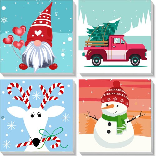 Yijingtop 4 Packs Framed Chrsitmas Paint by Numbers Kit for Kids Ages 8-12,Snowman Easy Acrylic Paint by Number Framed on Canvas,Number Painting Paint by Numbers Kit for Home Wall Decoe 8x8inch