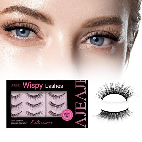 AJEAJE False Eyelashes,10 Pairs Black 3D Faux Mink Soft Natural Eyelashes,Lightweight Handmade Wispy Fluffy Cat Eye Lashes Fiber Length 11-16mm,34-35mm Lash Band Length,Suitable for All Eye Shapes