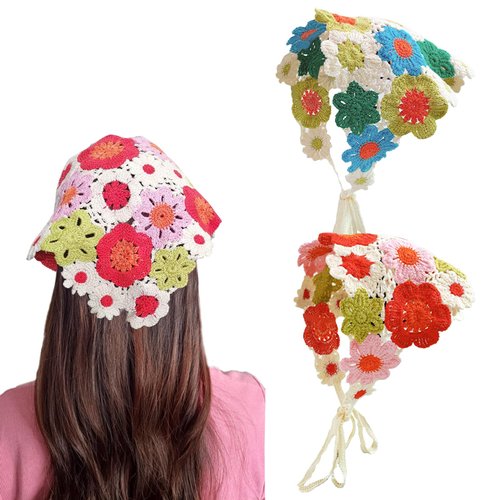 Kunyeah 2 Pieces Crochet Hair Bandana Floral Hair Scarf Boho Head Kerchief Vintage Headbands Triangle Hair Tie Handmade Hair Accessories for Girls Women (Red/Blue)