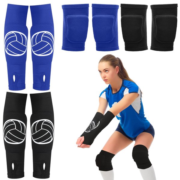 2 Set Volleyball Knee Pads and Volleyball Arm Sleeves with Protection Pad Compression Forearm Wrist Guard with Thumb Hole Soft Breathable Pads for Women Kids Girls Youth Hitting Passing (Black, Blue)