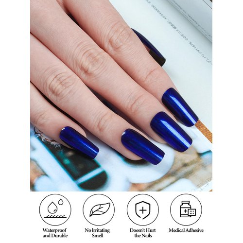 Kalolary Blue Gel Nail Strips, Blue Chrome Full Wrap Gel Nail Polish Stickers, Metallic Mirror Effect Nail Wrap Long Lasting Salon Quality, Nail File & Wood Stick(UV/LED Lamp Required）