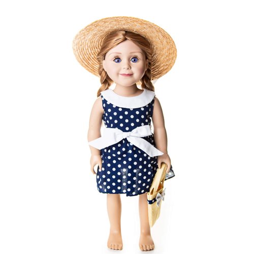 The Queen's Treasures 18 Inch Doll Clothes, Navy and White 1950 Style Polka Dot Dress with Hat and Handbag, Compatible for Use with American Girl Dolls. Doll & Dog NOT Included