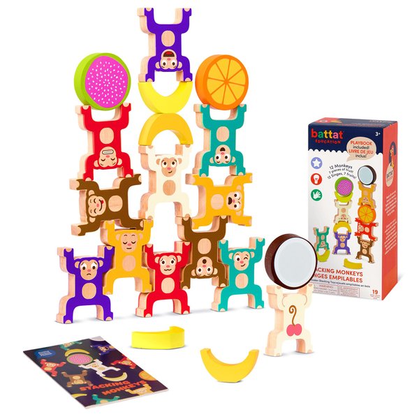 Battat Education – Stacking Toy for Kids – Wooden Stacking Monkeys – Developmental Toy – Fine Motor Skills – Interlock Toy, Balancing Building Blocks for 3 Years + (19 Pcs)
