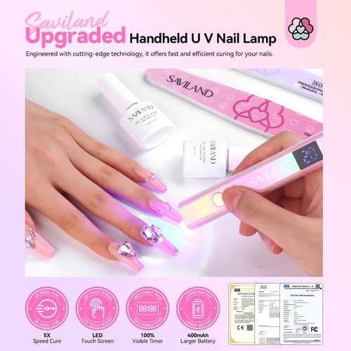 SAVILAND Handheld U V Light for Nails: 12W Portable Mini UV Light for Gel Nail 3 Timer Setting LED Nail Lamp 400mAh Rechargeable Type-c USB LCD Display Screen Nail Dryer for Home Personal DIY Self Use