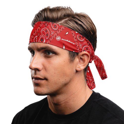 Suddora Paisley Print Bandana Headband, Multi-Sport Boho Style Bandana for Indoor Outdoor Use, Breathable & Non-Slip Fabric, Unisex Head Accessory for Bikers, Halloween (Red with Tie)