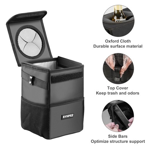 Ryhpez Car Trash Can with Lid - Car Trash Bag Hanging with Storage Pockets Collapsible and Portable Car Garbage Bin