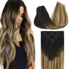 GOO GOO Clip in Hair Extensions Real Human Hair, Remy Human Hair Extensions Clip ins for Women, Natural Human Hair, 18inch 120g 7Pcs, 2/6/18 Balayage Brown to Dirty Blonde