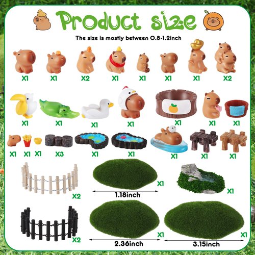 Simgoing 36 Pcs Mini Capybara Figures Playset Include 19 Simulation Capybara Model 15 Miniature Garden Accessories 1 French Fries Ornament 1 Egg Tart Ornament for Birthday Christmas Decorations Gifts