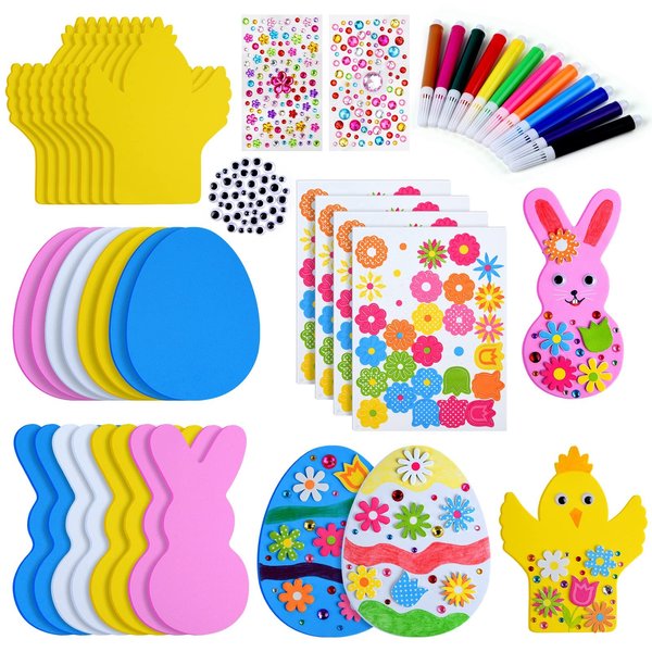 ELECLAND 208 Pcs Easter Foam Stickers Set Easter Bunny Chick Flower Egg Foam Stickers for Easter Crafts with Rhinestones Colored Pen Easter DIY for Girls Boys Easter Home Activities
