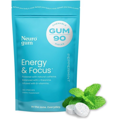 NeuroGum Energy & Focus Gum (Peppermint, 90 Pieces) | 40mg Natural Caffeine + L-Theanine + Vitamin B12 & B6 + Xylitol | Sugar Free Nootropic Cognitive Brain Performance Supplement