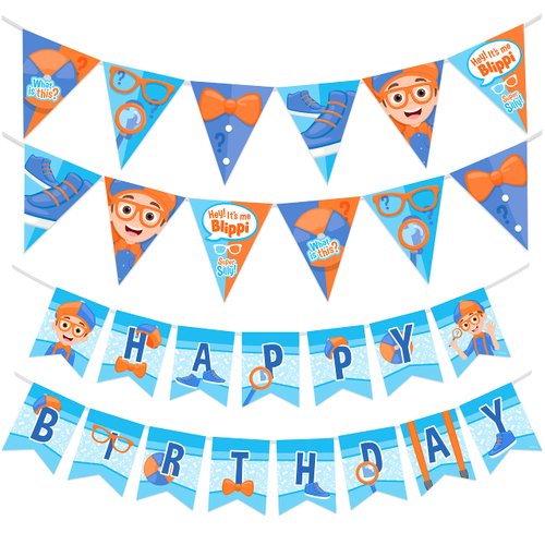 Treasures Gifted Officially Licensed Blippi Birthday Party Supplies - Blippi Birthday Banner (Set of 3) - 1 Blippi Banner & 2 Triangle Pennants - Blippi Party Decorations - Blippi Party Supplies
